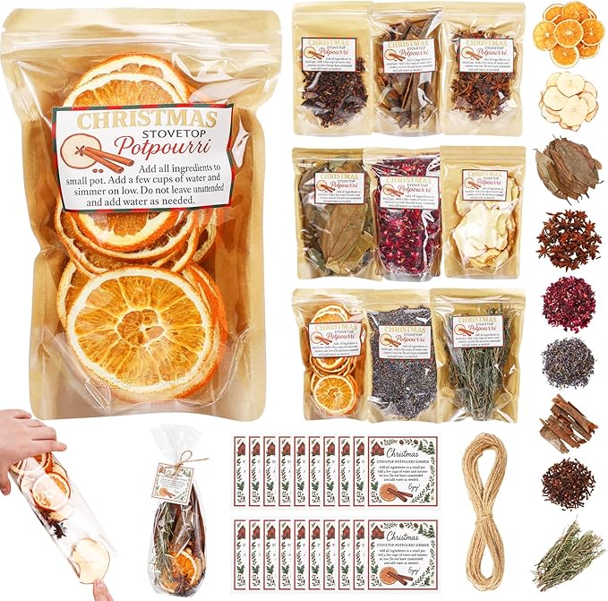 Loopeer 9 Pack Potpourri Simmer Kit 645g DIY Christmas Stovetop Potpourri with Card Transparent Bag Tag Xmas Scent Winter Stovetop Simmering Ingredients for Home Fragrance Housewarming Hostess Gift