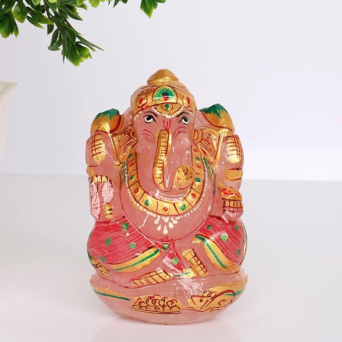 REAL-GEMS Lord Ganesha Figurines Handmade Rose Quartz Gemstone Decorative Statue Modern Home Table Decor Gifts Approximately 1280 Ct.…