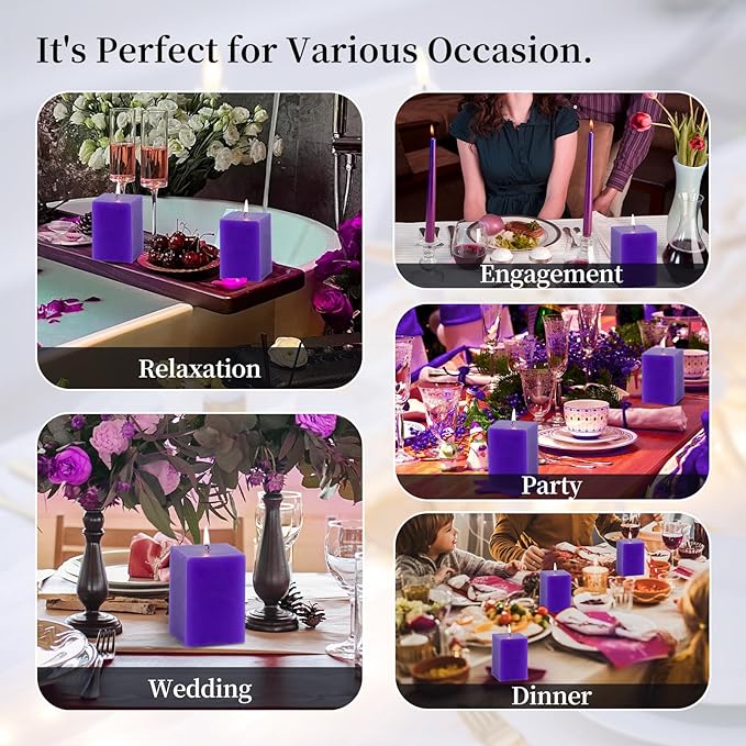KONNI Square Violet Pillar Candles Set of 3, 2.8"x 4" Unscented Pillar Candles Bulk, 30 Hours Long Burning Candles, Smokeless Dripless Large Candle for Wedding, Home Decoration, Parties, Spas, Dinner