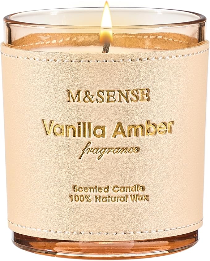 M&SENSE Vanilla Amber Scented Candles-Vegan Soy Wax, Floral Naturally Scented, No Toxin 10oz 42-Hour Long Burning Time, Cozy Relaxing Calming Candle for Bathtub & Sleep, Housewarming Gift