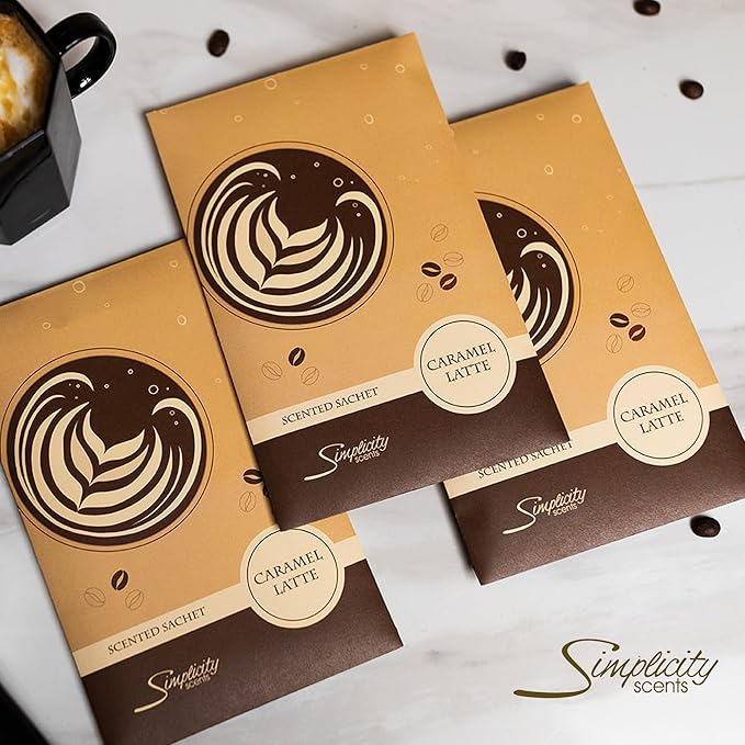 Floral Simplicity Caramel Latte Scented Sachets Pack of 3, Fall & Winter - Long-Lasting Scented Bags, Home Fragrance, Air Freshener & Deodorizer for Closet, Room, Drawer, or Cars, Made in The USA