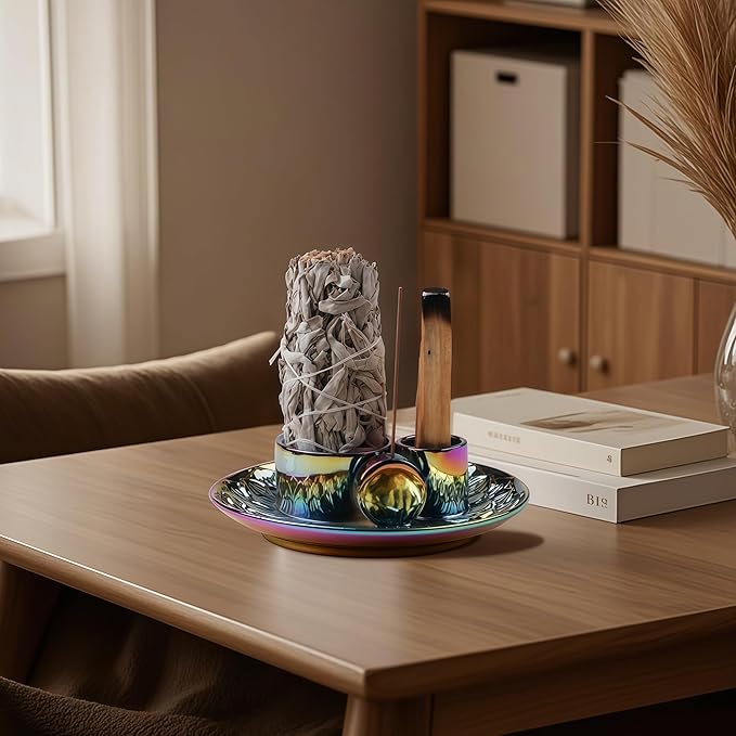 4 in 1 Incense Holder, Ceramic Incense Stick and Palo Santo Holder,Sage Holder for Burning- 5.5" Ceramic Ash Catcher Tray for Meditation and Yoga Room (Colourful)