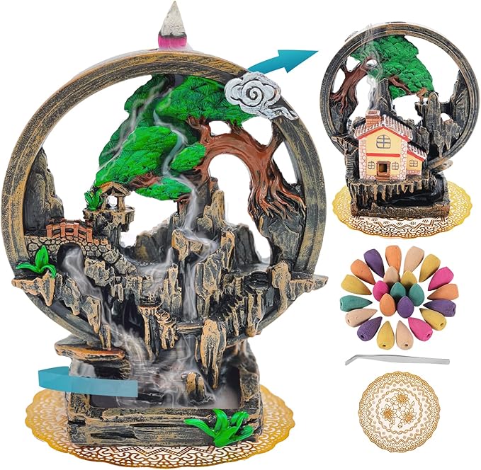 Mountain Waterfall Incense Burner，Backfall Incense Holder River, Incense Falls Meditation Decor for Room with Upgrade Incense Cones and Accessories (Chimney)