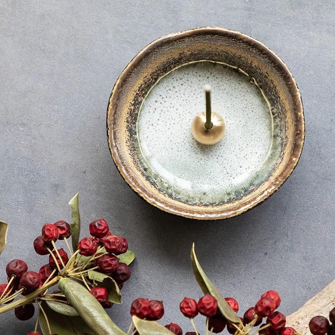 Asayu Japan Small Mini Incense Holder for Sticks 3.3 inch (83mm), Made in Japan Ceramic Ash Catcher & Brass Incense Burner Set for Relaxation, Yoga - Small Mini Traditional Japan Incense Holder