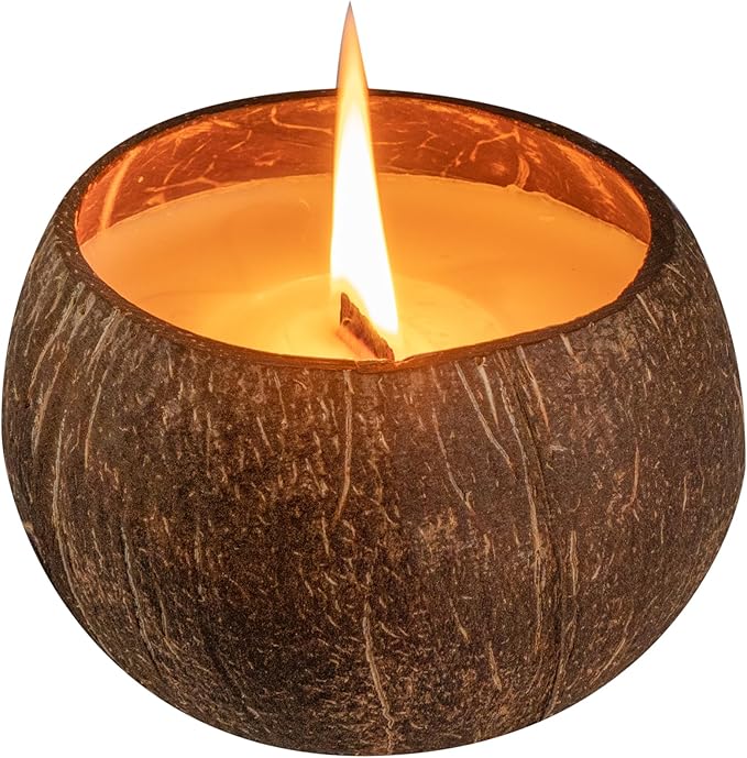 Restaurantware-Coco Casa 1 Hand Poured Coconut Shell Candles, 3.9 x 2.8 Inch Natural Shell Candles - Coconut Mango Fragrance, Double Wax Blend, Soy Wax Scented Light, Wooden Wick