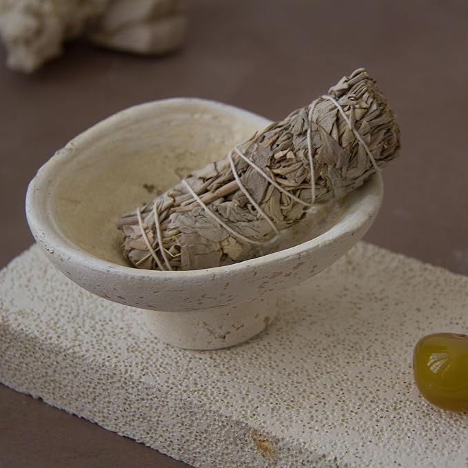Handmade Rustic Terracotta Incense Holder, Wabi‑sabi Ceramic Palo Santo& Sage Sticks Bowl, Minimalist & Retro Blow, A Spiritual Decor for Yoga&Meditation (Off-White)