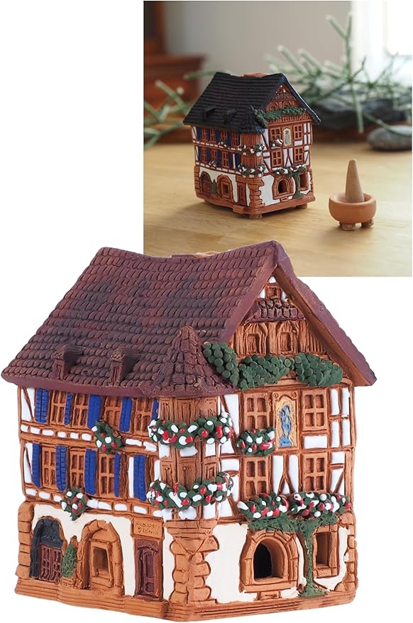 Ceramic Art Cone Incense Holder Room Decoration Handcrafted Collectible Miniature Historical Timbered House in Kaysersberg, Alsace, France R264