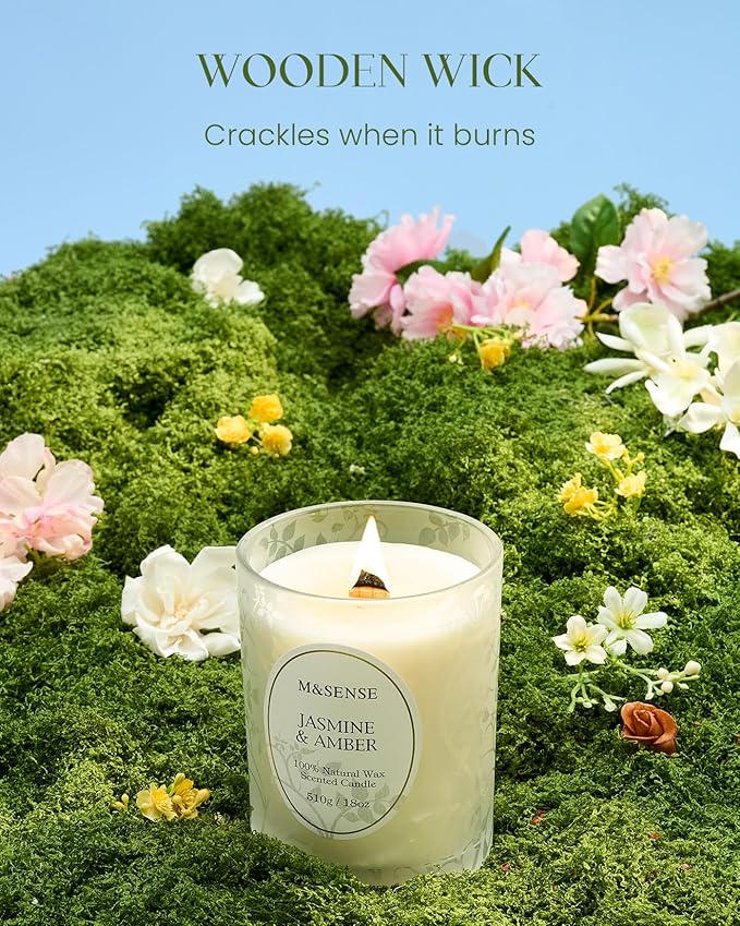 M&SENSE Jasmine Amber Scented Candle, Wooden Wick Candles with Lid, 100 Hours Slow Burning Natural Soy Wax 18oz, Stress Relief Relaxing Home Fragrance, Housewarming Gifts for Women Men