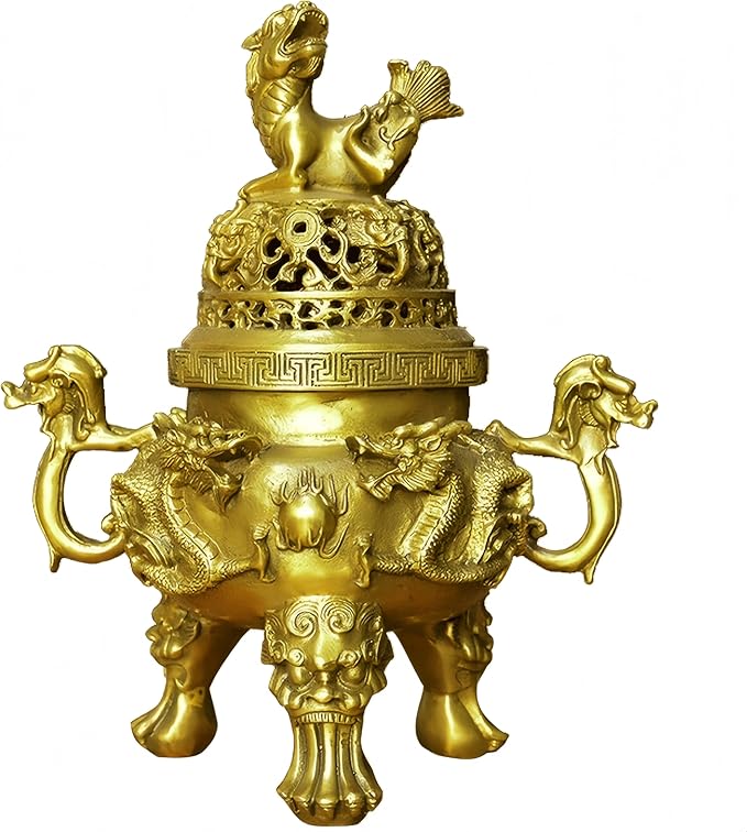 Top Brass Incense Burner & Holder Censer - Handmade for Home Decor, Meditation Decor, Spiritual Gifts, Zen Decor, Suitable for Incense Coil and Incense Cones,Chinese New Year Decoration (Large)