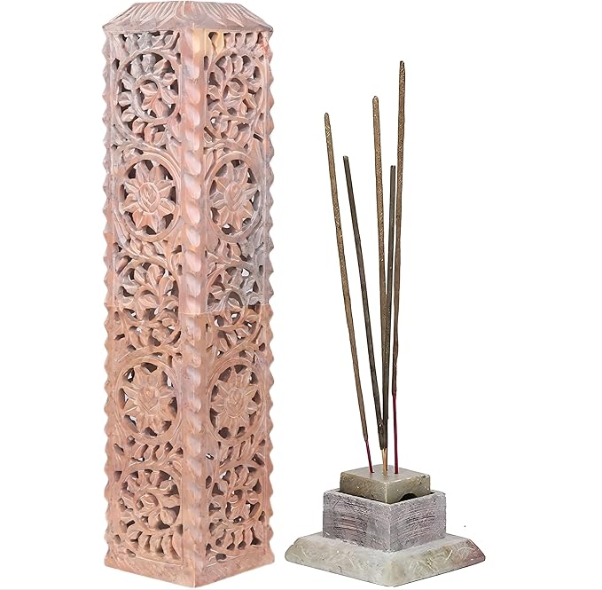 Carry Me Handmade Marble Soapstone Incense Stick Burner | Candle Stick Holder | Tea Light Stand - Floral Carving for Gifting. Decorative Incense Tower for Home and Office Decor. (3x3x11 Inches)
