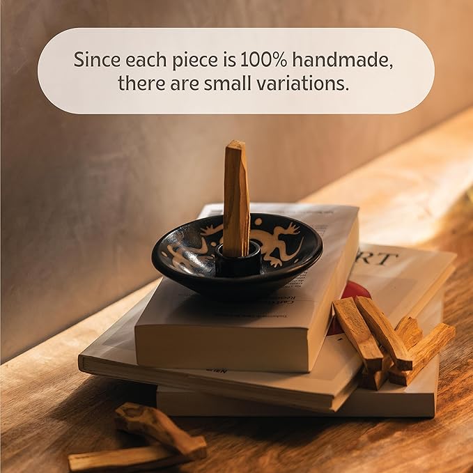 Luna Sundara Authentic Peru Pottery Palo Santo Stick and Incense Holder - Includes 5 Palo Santo Sticks - Handmade Ceramic Smudge Bowl Sage Holder - Black and White Lizard