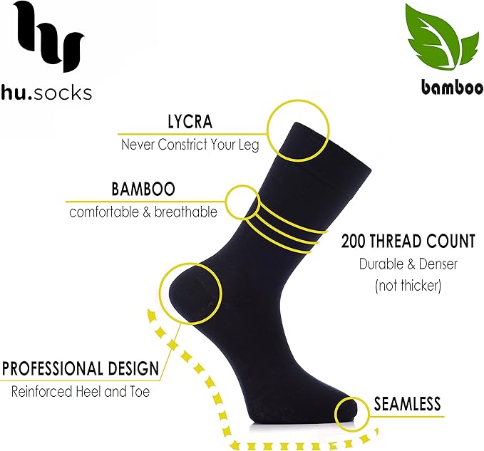 Hugh Ugoli Men's Bamboo Dress Socks for Business & Trouser, Thin & Seamless Crew Socks, 4 Pairs with Gift Box, Shoe Size 8-12