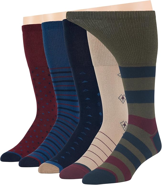 7BigStars Kingdom Men's Diabetic Cotton Mid Calf Socks - 5 Pack XLarge - Stripe Pattern - Sock Size 13-15 Shoe Size 12-15 XL Dark Navy, Navy, Burgundy, Olive Green, Beige