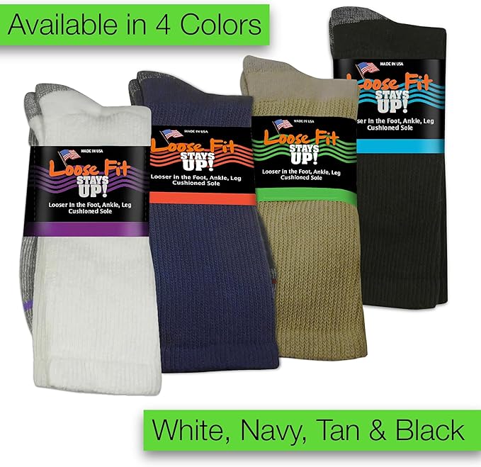 Loose Fit Stays Up Men's and Women's Casual Crew Socks (Pack of 3) Made in USA! Cushioned Sole