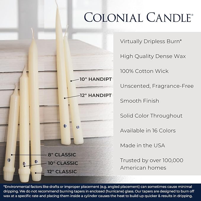 Colonial Candle Unscented Taper Candle, Classic Collection, Mulberry, 10 In, Pack of 12 - Up to 8 Hours Burn