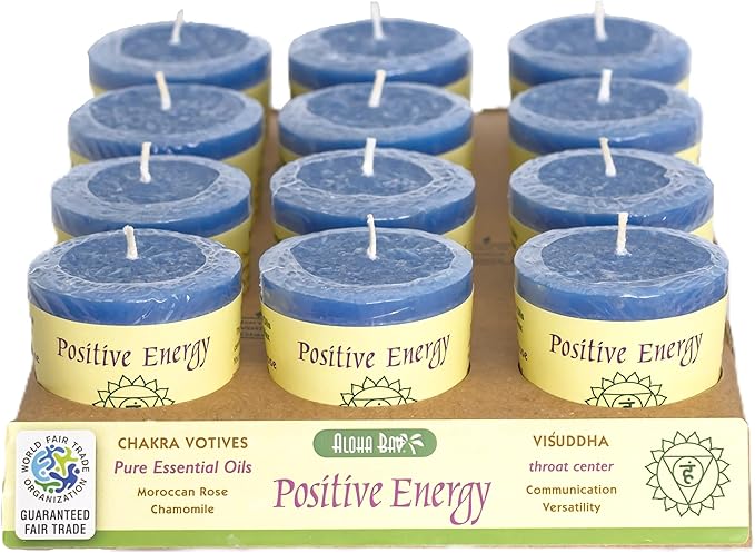 Premium Scented Hand Made Chakra Energy Candle | Votive 12-pack | Positive Energy, Visuddha| Yoga, Prayer & Meditation Candle | Long Burn |Essential Oils Moroccan Rose, Chamomile | Aloha Bay