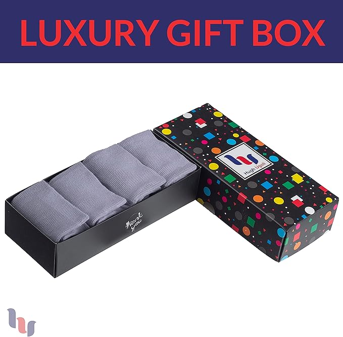 Hugh Ugoli Men's Cotton Dress Socks for Business & Trouser, Thin & Seamless Crew Socks, 4 Pairs with Gift Box, Shoe Size 8-12