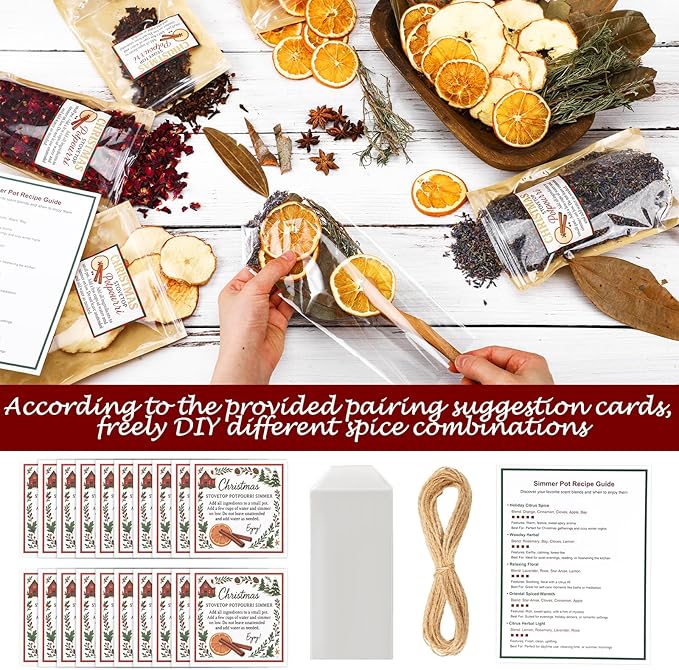 Loopeer 9 Pack Potpourri Simmer Kit 645g DIY Christmas Stovetop Potpourri with Card Transparent Bag Tag Xmas Scent Winter Stovetop Simmering Ingredients for Home Fragrance Housewarming Hostess Gift