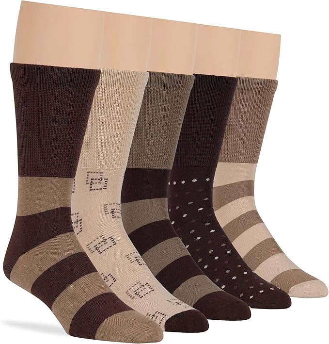 Men's Diabetic Cotton Fashion Loose Crew Dress Socks - 5 Pack Large - Stripe Pattern - Sock Size 10-13 Shoe Size 9-12 L Light Beige, Beige, Khaki, Brown, Dark Brown