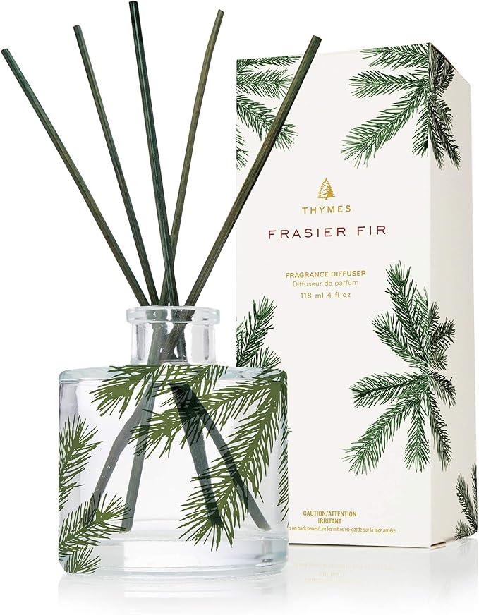 Thymes Frasier Fir Reed Diffuser Set – Includes Reeds, Fragrance Oil, and Frosted Glass Bottle – Fragrance Oil Diffuser – Room Fresheners – Luxury Home Decor – Green & Clear (Pine Needle, 4 fl oz)