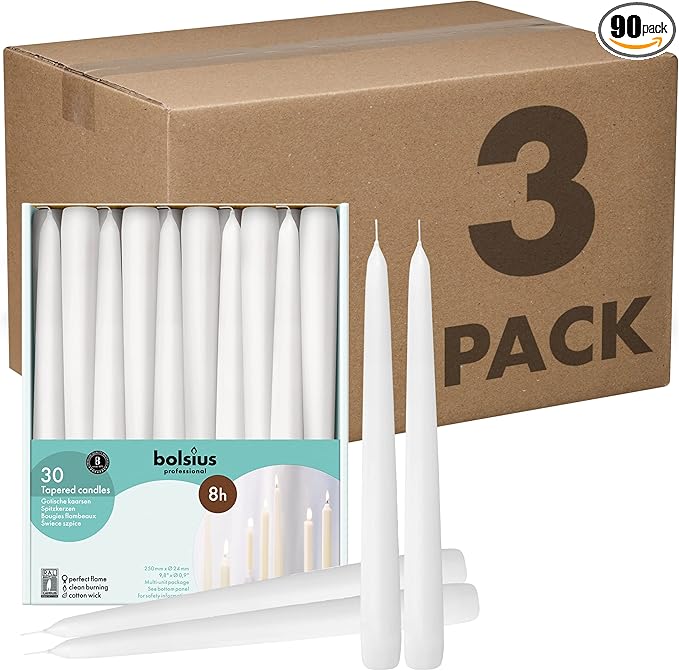 BOLSIUS White Taper Candles - 3 Packs = Total 90 Candles - 8 Hours - Premium European Quality - Consistent Smokeless Flame - Unscented Dripless Candlesticks