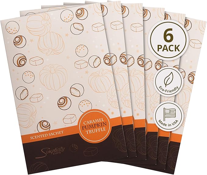 Floral Simplicity Caramel Pumpkin Truffle Scented Sachets Pack of 6, Fall & Winter - Long-Lasting Scented Bags, Home Fragrance, Air Freshener & Deodorizer for Closet, Room, or Cars, Made in USA