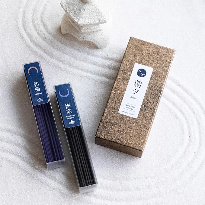 Asayu Japan Low Smoke Incense Sticks - Zen Set (Japanese Garden + Wagiku Chrysanthemum), 40gr (Each Scent 20g), for Yoga, Zen Meditation and Relaxation - Smokeless for Less Irritation