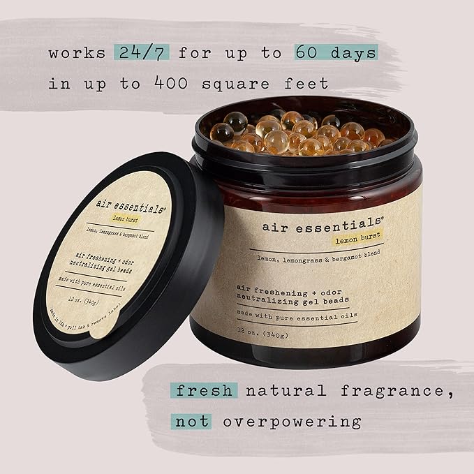 Air Essentials Air Freshener & Odor Neutralizer Gel Beads - 12 oz, Pack of 2 - Odor Eliminator - Made with Pure Essential Oils - Lemon Burst Scent