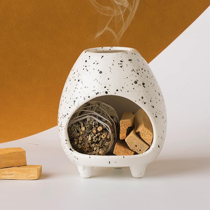 Palo Santo Holder Burner, Handcrafted Ceramic Incense Holder Burner and Ash Catcher for Palo Santo Sticks or sage Bundles, Smudge Bowl, Meditation Home Decor (Speckled White)