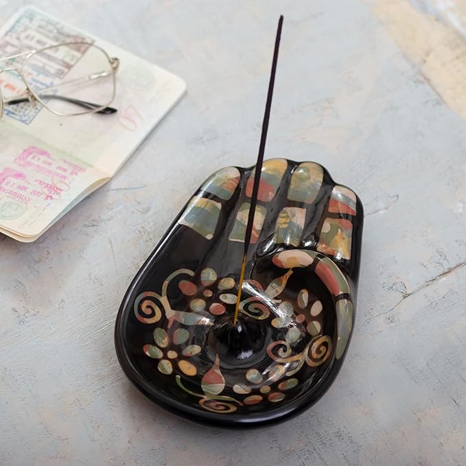 NOVICA Artisan Handmade Ceramic Incense Holder Colorful Hamsa Amulet Black Multicolor Peru 'Colorful Hamsa'