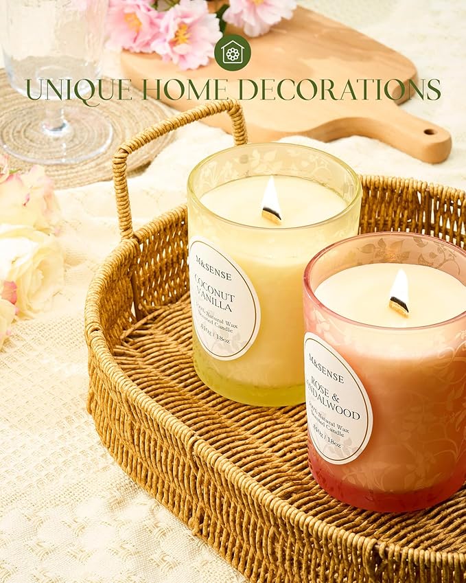 M&SENSE Jasmine Amber Scented Candle, Wooden Wick Candles with Lid, 100 Hours Slow Burning Natural Soy Wax 18oz, Stress Relief Relaxing Home Fragrance, Housewarming Gifts for Women Men