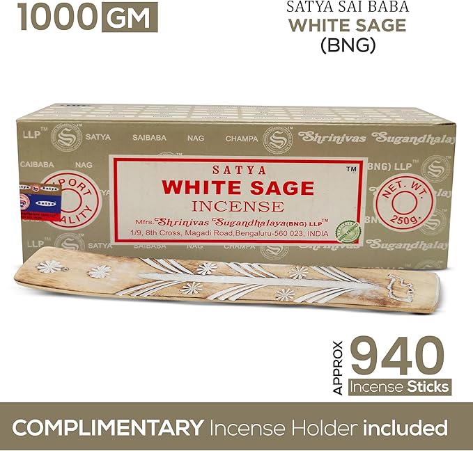 Satya White Sage Incense Sticks 250 gmx 4 Pack (1000 gm), Satya BNG (Bangalore) Insenses with Raajsee Incense Holder Bundle, Satya Nagchampa Natural Incense