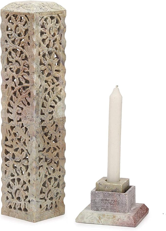 Carry Me Handmade Marble Soapstone Incense Stick Burner | Candle Stick Holder | Tea Light Burner - Perfect Floral Carving for Gifting. Decorative Home and Kitchen Decor (3 x 3 x 11 Inches)