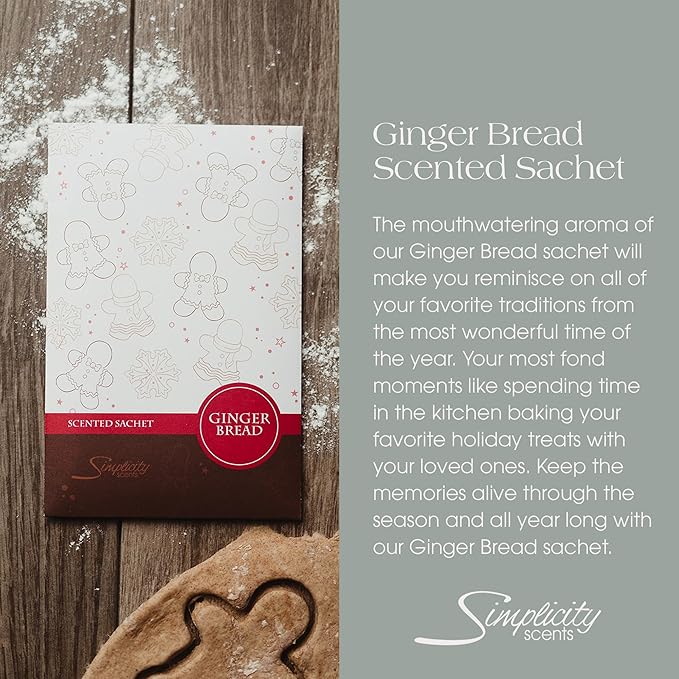 Simplicity Scents Gingerbread Scented Sachets Pack of 3, Fall & Winter - Long-Lasting Scented Bags, Home Fragrance, Air Freshener & Deodorizer for Closet, Room, Drawer, or Cars, Made in USA
