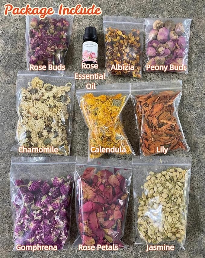 Fall Potpourri Bowl Filler, Rose Scented Potpourri Dried Flowers with Rose, Calendula, Chamomile, Jasmine, Lily, Peony,Albizia,Gomphrena, Pink Decorative Bowl Filler for Home Fragrance, Hostess Gift