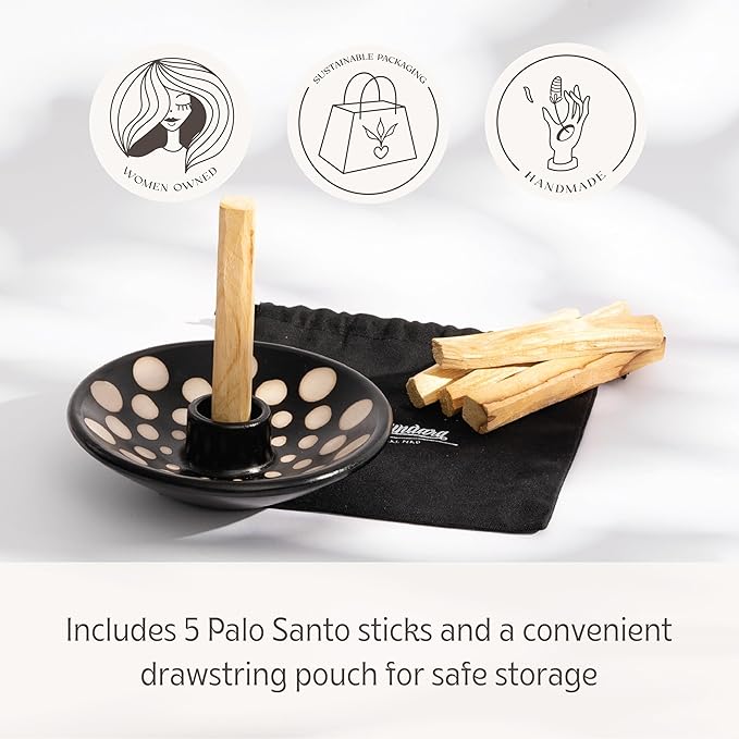Luna Sundara Authentic Peru Pottery Palo Santo Stick Holder and Incense Holder Includes 5 Palo Santo Sticks Handmade Ceramic Smudge Bowl Sage Holder Palo Santo Holder (Black and White Polka)
