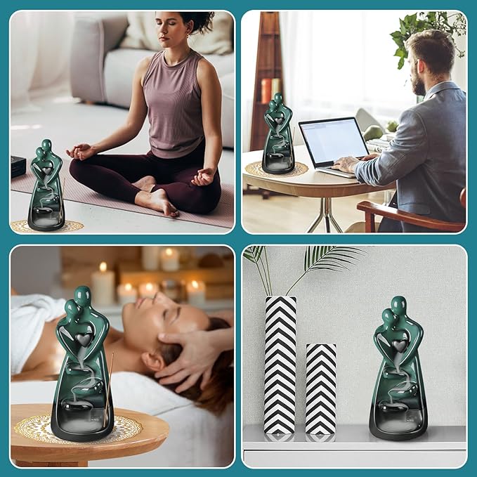 Ceramic Incense Burner, Waterfall Lovers Incense Holder with 30 Incense Sticks 20 Incense Cones, Creative Incense Waterfall Ornament, Backflow Incense Burner Holder, Zen Garden Meditation Home Decor