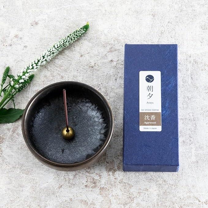 Asayu Japan Low Smoke Incense Gift Set with Incense Holder and Brass Stand, Agarwood Incense Sticks with Zen Ceramic Incense Holder
