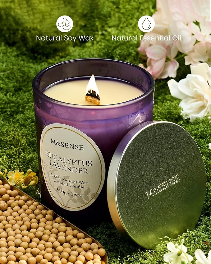 M&SENSE Eucalyptus Lavender Strong Scented Candle, Wooden Wick Candle with Lid, 100 Hours Slow Burning No Toxin Natural Soy Wax 18oz, Relax Aromatherapy Sleep Home Fragrance, Housewarming Gifts