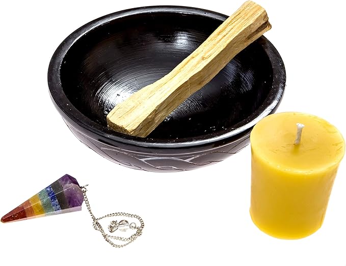 Chakra Energy Balance Kit - Spiritual Cleansing Incense Kit with Chakra Stones Crystal Pendulum, Palo Santo Smudge Stick, Beeswax Candle Votive, and Scrying Bowl