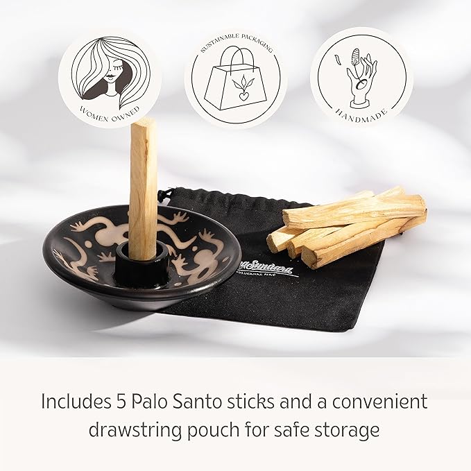 Luna Sundara Authentic Peru Pottery Palo Santo Stick and Incense Holder - Includes 5 Palo Santo Sticks - Handmade Ceramic Smudge Bowl Sage Holder - Black and White Lizard