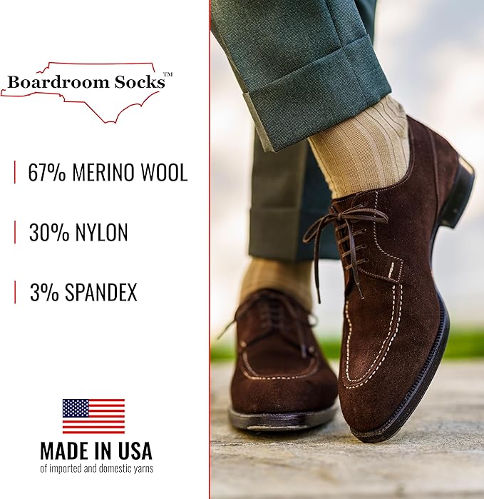 Merino Wool Mid-Calf Dress Socks for Men, Ribbed Dress Socks