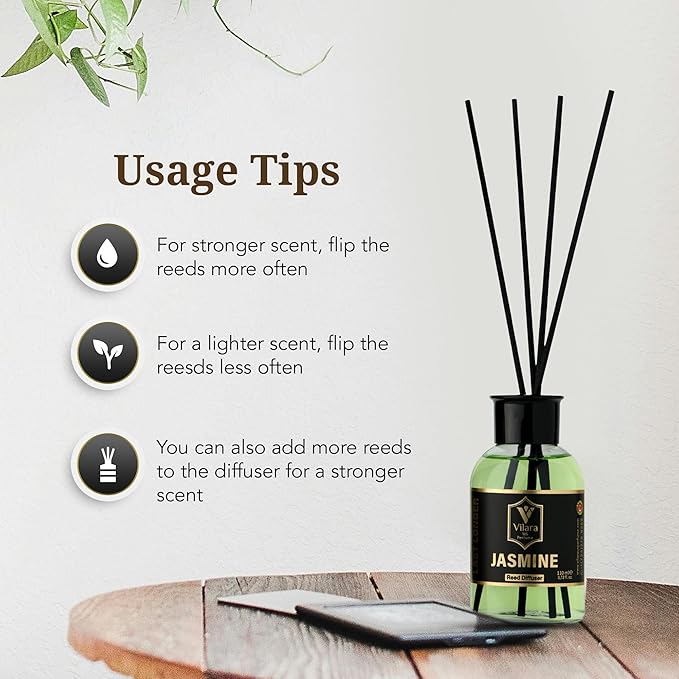 Jasmine Reed Diffuser Set - Luxury Reed Diffusers for Home, Bathroom, Bedroom, Powder Room - Long-Lasting, Natural Flower Scent Sticks - Decorative Home Fragrance Bottle - 3.72 fl oz