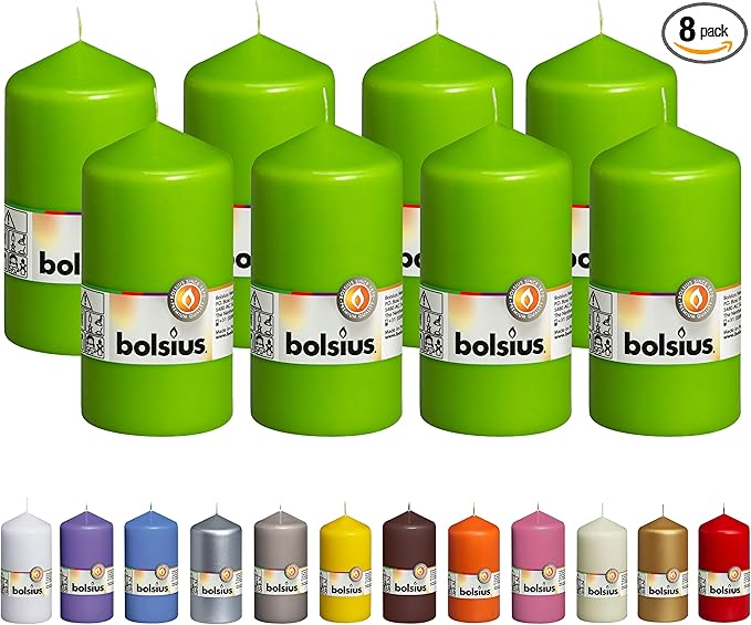 BOLSIUS 8 Lime Green Pillar Candles - 2.75 x 5 Inches - Premium European Quality - Individually Wrapped - 43 Hours Burn Time - Dripless & Smokeless - Unscented Dinner, Wedding & Restaurant Candles
