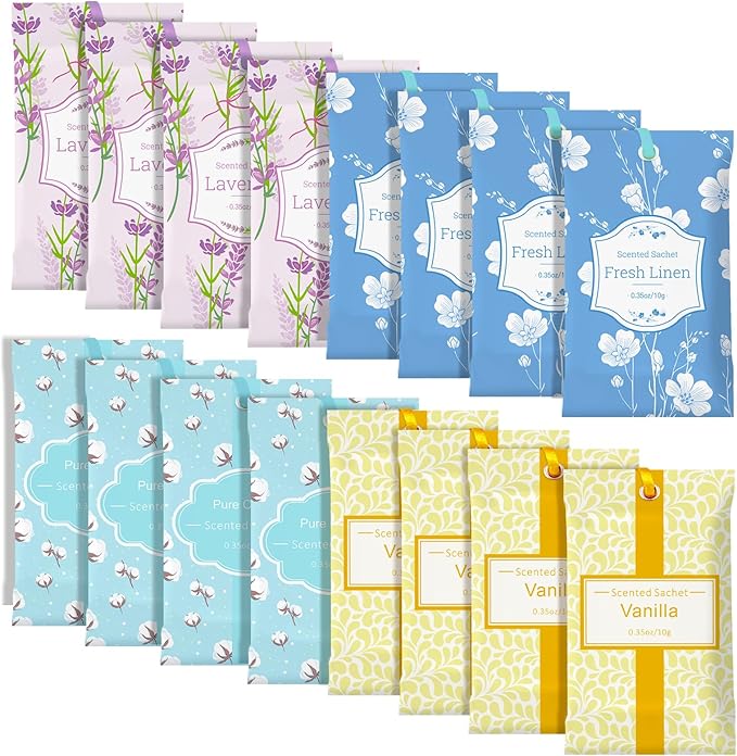 SCENTORINI Sachets for Drawers and Closets, Sachets Bags Long-Lasting, 16 Pack,Wardrobes, Lavender Linen Vanilla Cotton, Home Fragrance Sachet for Closet, Drawer, Wardrobe