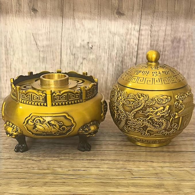 Spinning Chinese Brass Incense Burner with Lid - 1027g Solid Brass Dragon Lion Feng Shui Censer, 3.5 Inch Mouth for Sage and Cones, 4.7x4.7x6.3 Inch Natural Brass Altar Decor