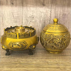 Spinning Chinese Brass Incense Burner with Lid - 1027g Solid Brass Dragon Lion Feng Shui Censer, 3.5 Inch Mouth for Sage and Cones, 4.7x4.7x6.3 Inch Natural Brass Altar Decor