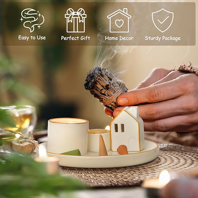 ZenBless 5 in 1 Incense Holder Burner for Palo Santo, Sage, Incense Sticks/Cones and Candle - Ceramic Incense Cone Smudge Tray,Aromatherapy Home Decoration