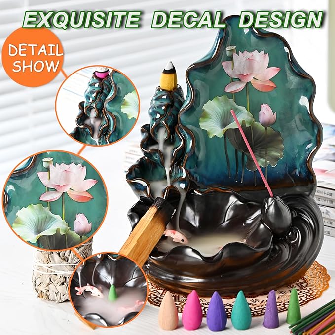 Mountain Waterfall Incense Burner，Backfall Incense Holder River, Incense Falls Meditation Decor for Room with Upgrade Incense Cones and Accessories (Applique)