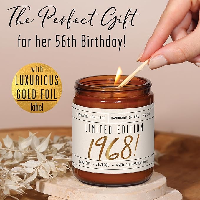 56th Birthday Gifts for Women - 'Limited Edition 1968' Soy Candle, w/Champagne on Ice I 56 Birthday Gifts for Women I 56th Birthday Gift for Her Ideas I 9oz Reusable Jar, 50Hr Burn, Made in USA